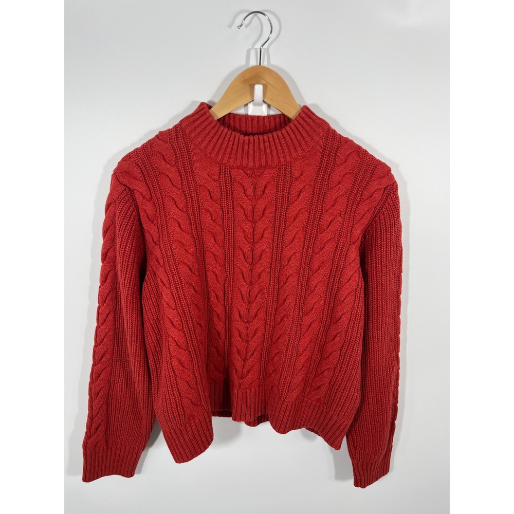 Pact Womens Tandoori Cable Knit Crew Sweater M Orange Chunky Fisherman